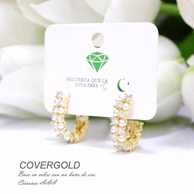Aretes con circones y perla en covergold
