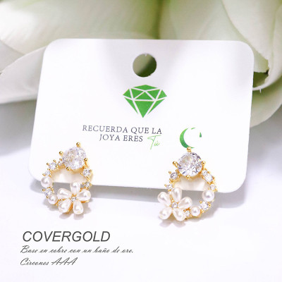 Aretes con circones y perla en covergold