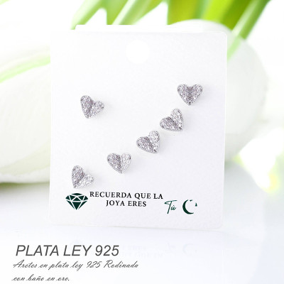 Aretes de corazón en plata ley 925 con baño en Rodio
