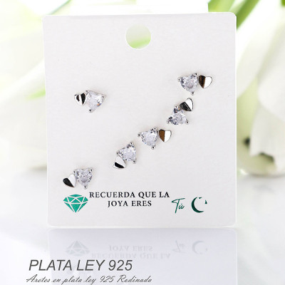Aretes de corazón en plata ley 925 con baño en Rodio