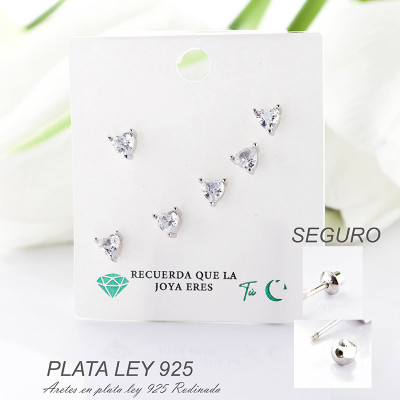 Aretes de corazón en plata ley 925 con baño en Rodio