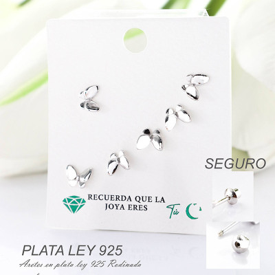 Aretes de mariposa en plata ley 925 con baño en Rodio