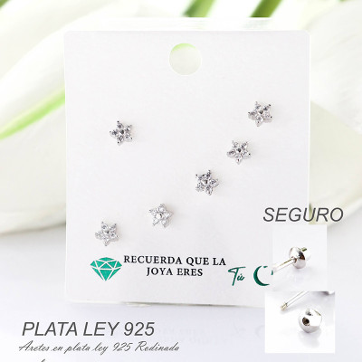 Aretes de estrella en plata ley 925 con baño en Rodio
