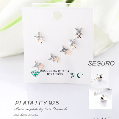 Aretes de estrella en plata ley 925 con baño en Rodio