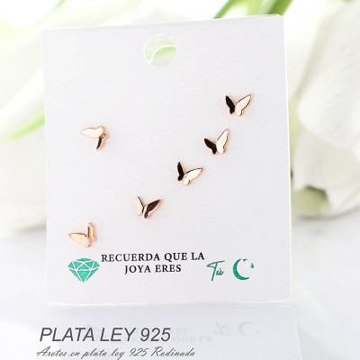 Aretes de mariposa en plata ley 925 con baño en Rodio