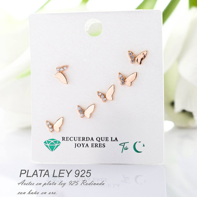 Aretes de mariposa en plata ley 925 con baño en Rodio