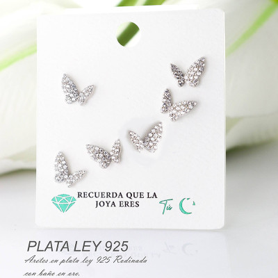 Aretes de mariposa en plata ley 925 con baño en Rodio
