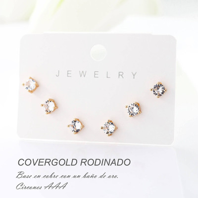 Set x 3 de aretes en covergold con baño en Rodio