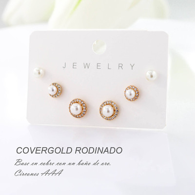 Set x 3 de aretes en covergold con baño en Rodio