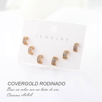 Set x 3 de aretes en covergold con baño en Rodio