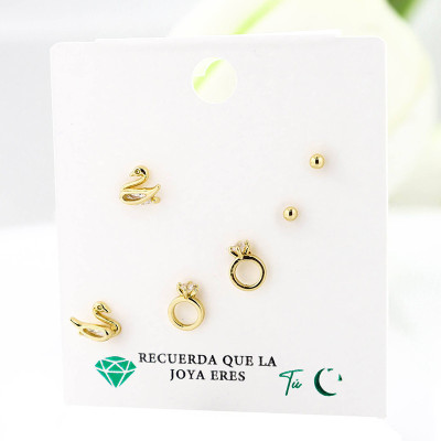 Set x 3 de aretes en covergold con baño en Rodio