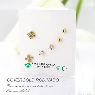 Set x 3 de aretes en covergold con baño en Rodio
