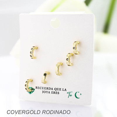 Set x 3 de aretes en covergold con baño en Rodio