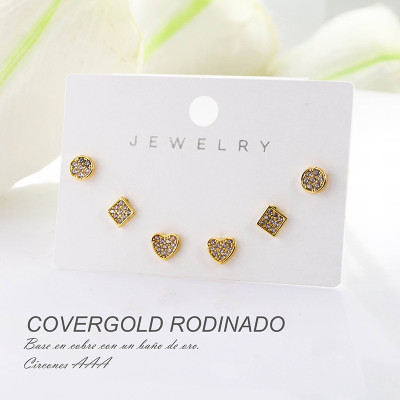 Set x 3 aretes  de corazón en Rodio