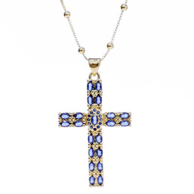 Collar  de cruz circon Azul