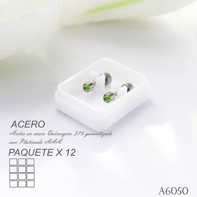 Aretes de seguridad circón verde en acero paquete x 12