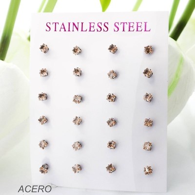 Cartón de aretes circón rosa en acero paquete x 12