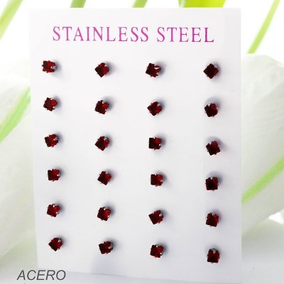Cartón de aretes circón rojo en acero paquete x 12