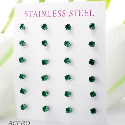 Cartón de aretes de circón verde en acero paquete x 12