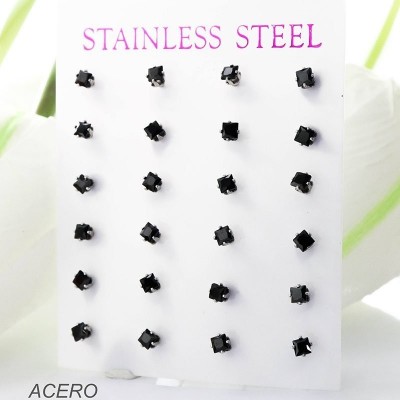 Cartón de aretes de circón negro en acero paquete x 12
