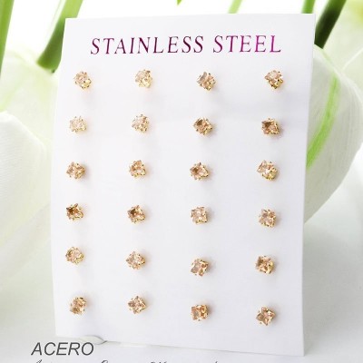 Cartón de aretes circón rosa en acero paquete x 12