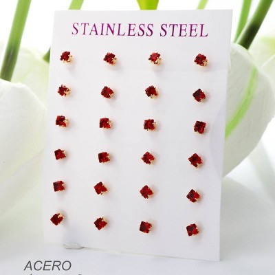 Cartón de aretes circón rojo en acero paquete x 12