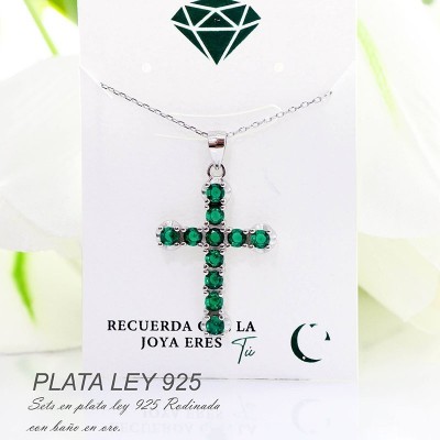 Collar de cruz verde en plata ley 925