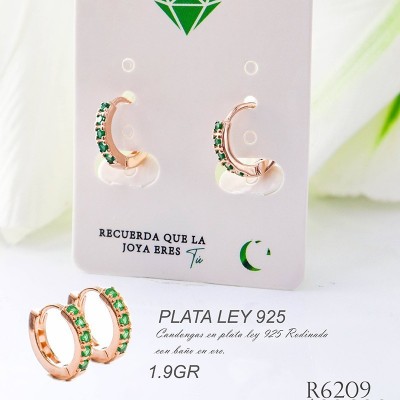 Candongas rosadas con piedra verde en plata ley 925 GR 1.9