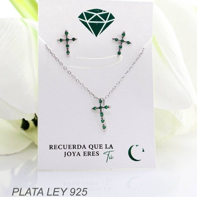 Set de cruz en piedra verde en plata ley 925