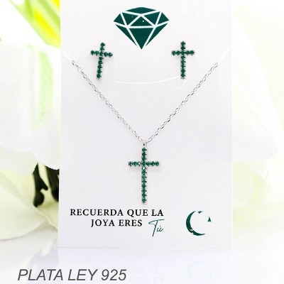 Set de cruz en piedra verde en plata ley 925