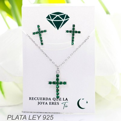 Set de cruz en piedra verde en plata ley 925