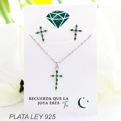 Set de cruz en piedra verde en plata ley 925