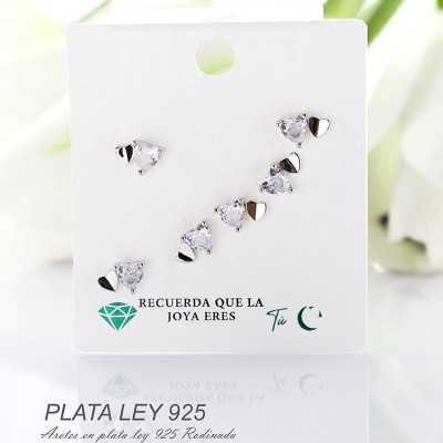 Aretes de corazon en plata ley 925 con baño en Rodio