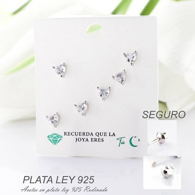 Aretes de corazon en plata ley 925 con baño en Rodio
