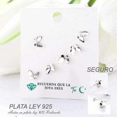 Aretes de mariposa en plata ley 925 con baño en Rodio