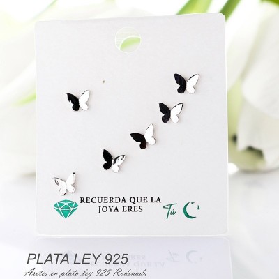 Aretes de mariposa en plata ley 925 con baño en Rodio