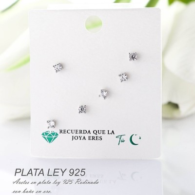 Aretes en plata ley 925 con baño en Rodio