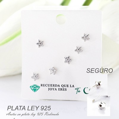 Aretes de estrella en plata ley 925 con baño en Rodio