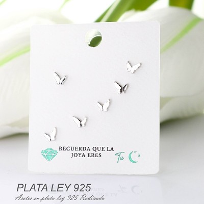Aretes de mariposa en plata ley 925 con baño en Rodio