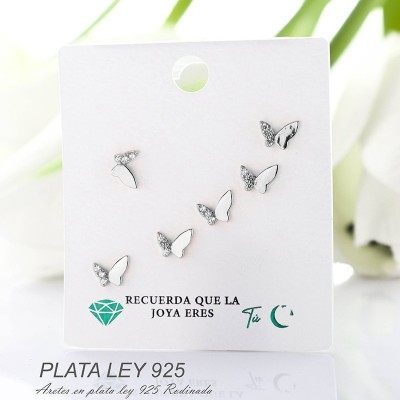 Aretes de mariposa en plata ley 925 con baño en Rodio