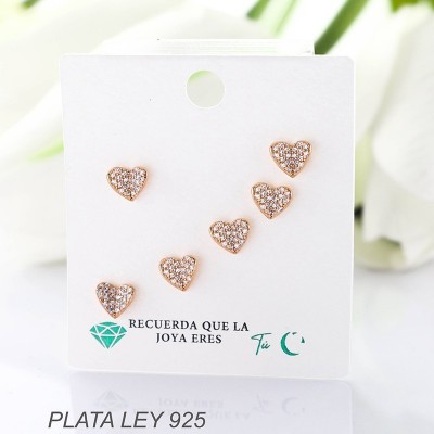 Aretes de corazon en plata ley 925 con baño en Rodio