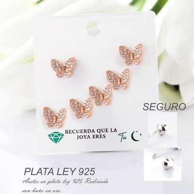 Aretes de mariposa en plata ley 925 con baño en Rodio