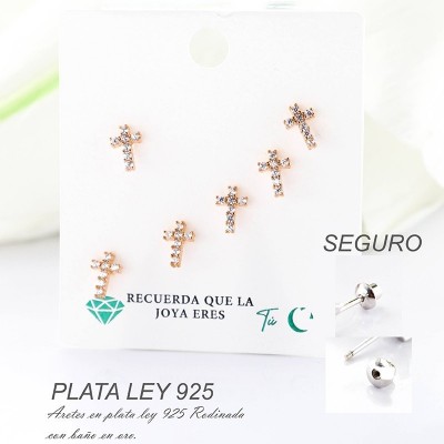 Aretes de cruz en plata ley 925 con baño en Rodio