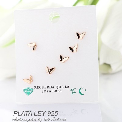 Aretes de mariposa en plata ley 925 con baño en Rodio