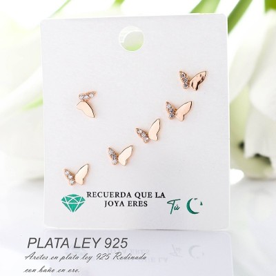 Aretes de mariposa en plata ley 925 con baño en Rodio