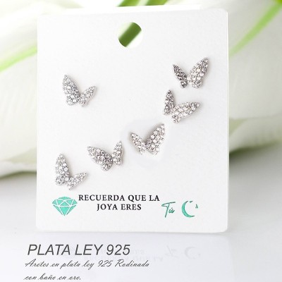 Aretes de mariposa en plata ley 925 con baño en Rodio