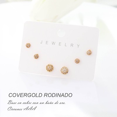 Set x 3 de aretes en covergold con baño en Rodio
