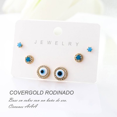 Set x 3 de aretes en covergold con baño en Rodio