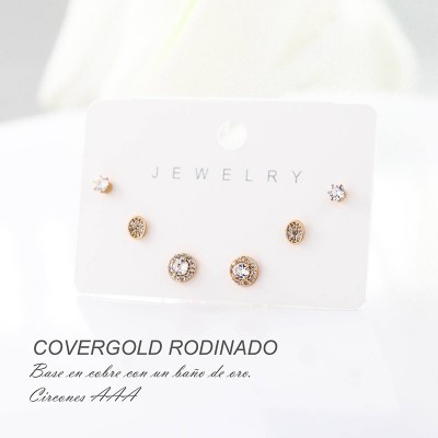 Set x 3 de aretes en covergold con baño en Rodio