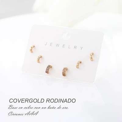 Set x 3 de aretes en covergold con baño en Rodio